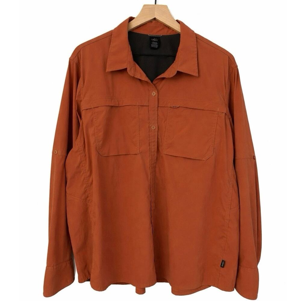 REI Co-op 2XL Rust Brown Button Up Hiking Shirt Nylon Stretch Bluedesign